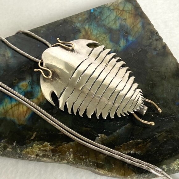 Sterling Silver 925 14K Yellow Gold Manta Ray Trilobite Pendant Necklace 25" - Picture 8 of 16